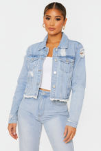 Load image into Gallery viewer, Crop Medium Washed Distressed Vintage Inspired Jean Jacket